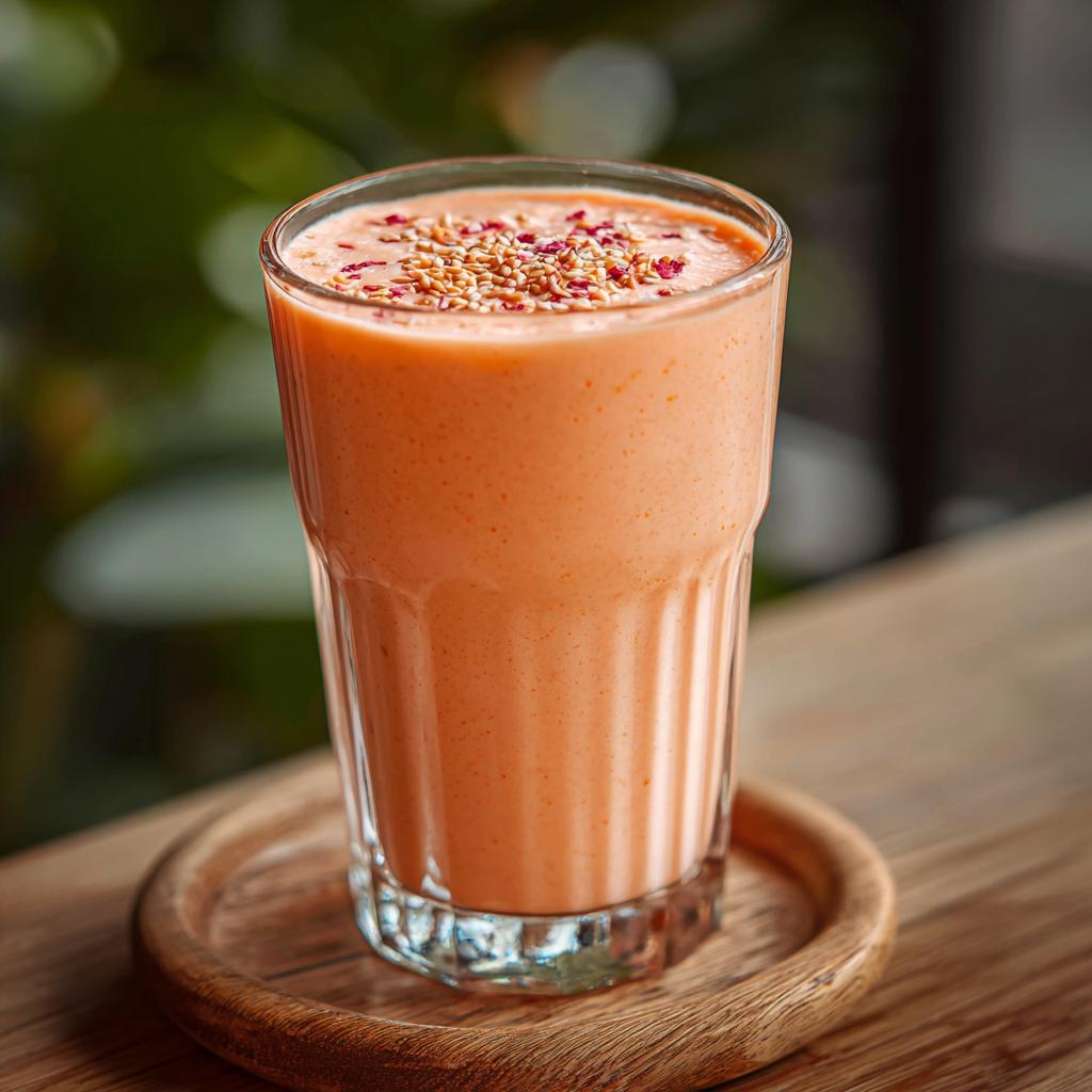A close-up of a creamy peach yogurt smoothie in a glass, topped with sesame seeds and dried rose petals.