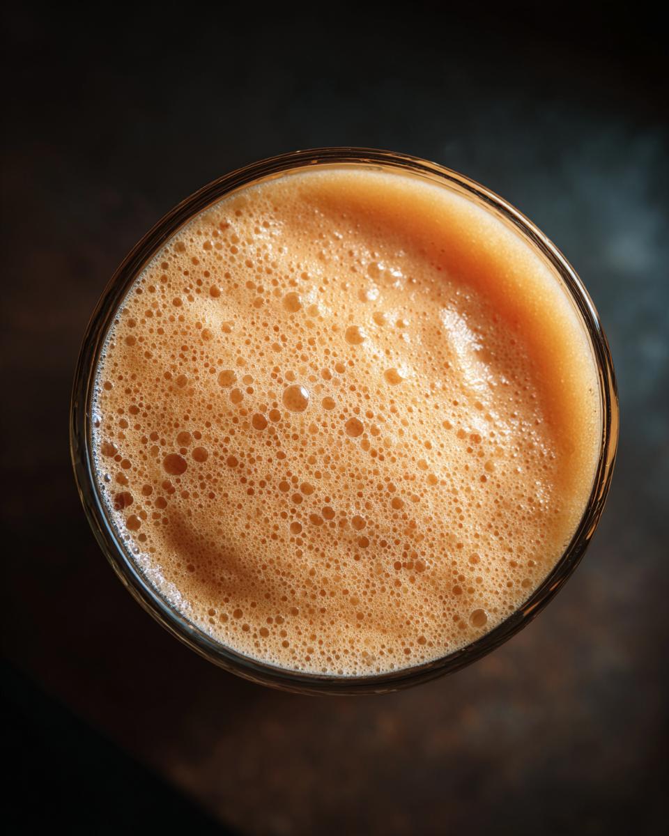 Top-down view of a creamy peach yogurt smoothie with a foamy top.