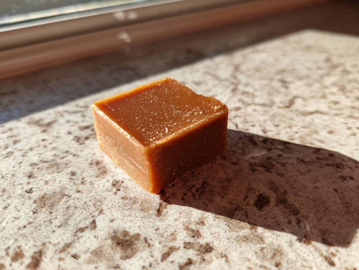 A single square of rich, brown peanut butter fudge sits on a speckled countertop, catching the sunlight.