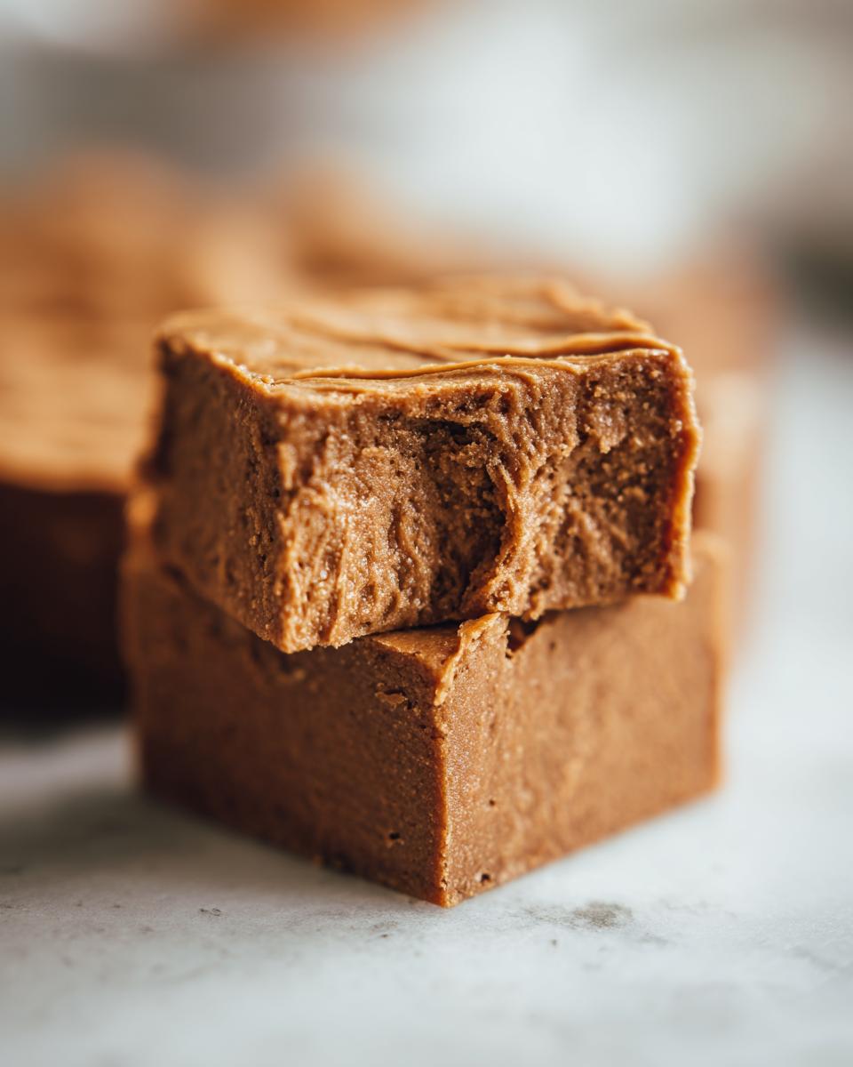 Close-up of two stacked peanut butter fudge squares, with a bite taken out of the top one.