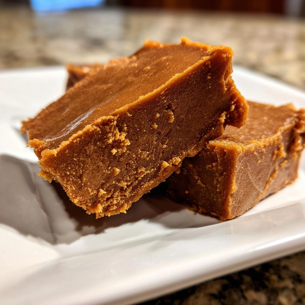 Close-up of rich, homemade peanut butter fudge squares on a white plate, perfect for dessert recipes.