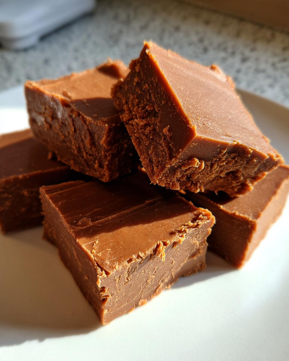 Close-up of rich chocolate peanut butter fudge squares piled on a white plate, perfect for dessert recipes.