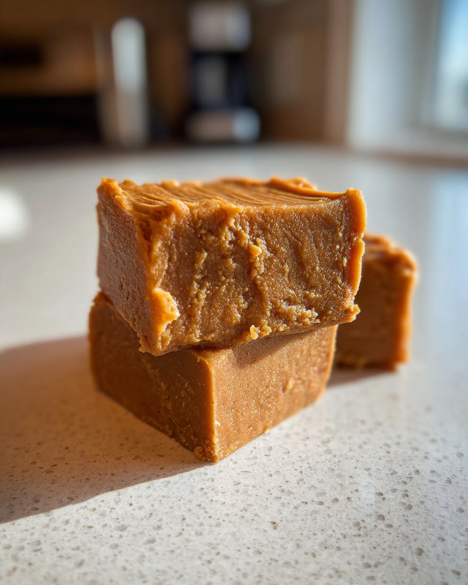 Close-up of two stacked peanut butter fudge squares, perfect for dessert recipes.