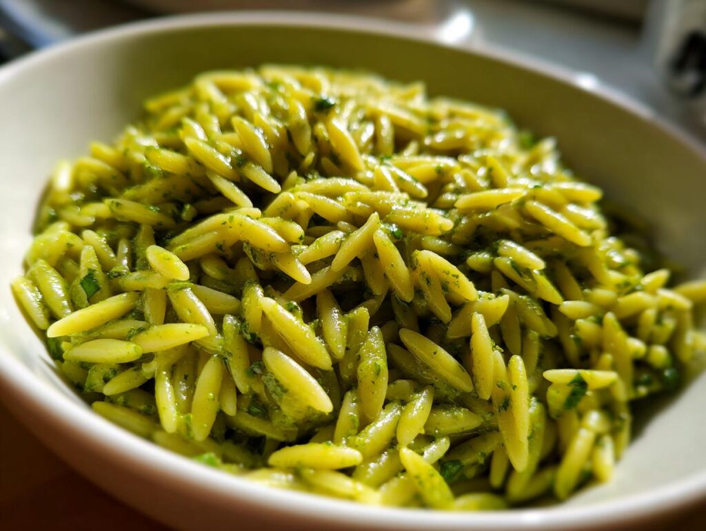 Close-up of a bowl of bright green pesto orzo pasta, showcasing the flavorful pasta.