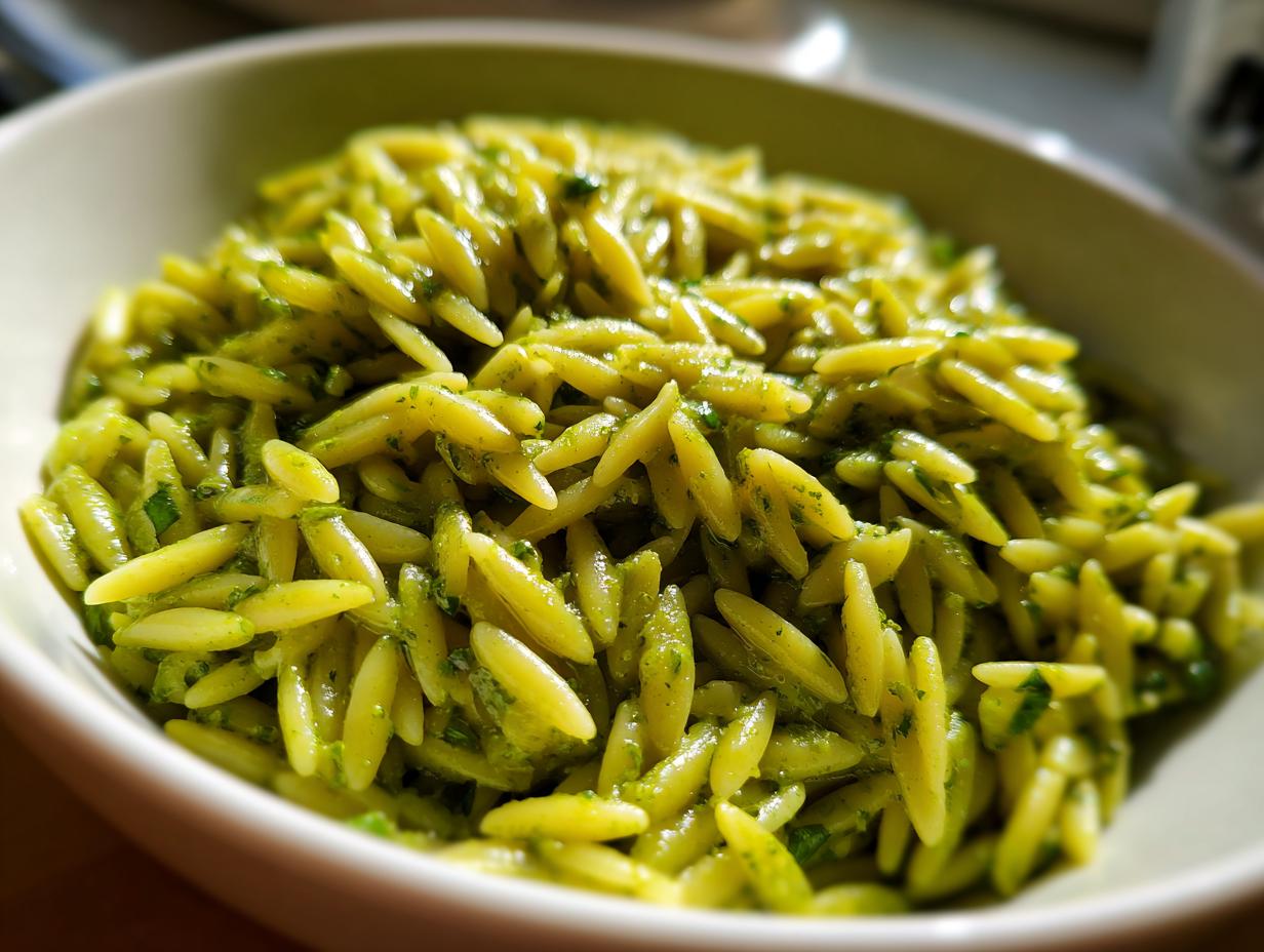 Close-up of a bowl of bright green pesto orzo pasta, showcasing the flavorful pasta.