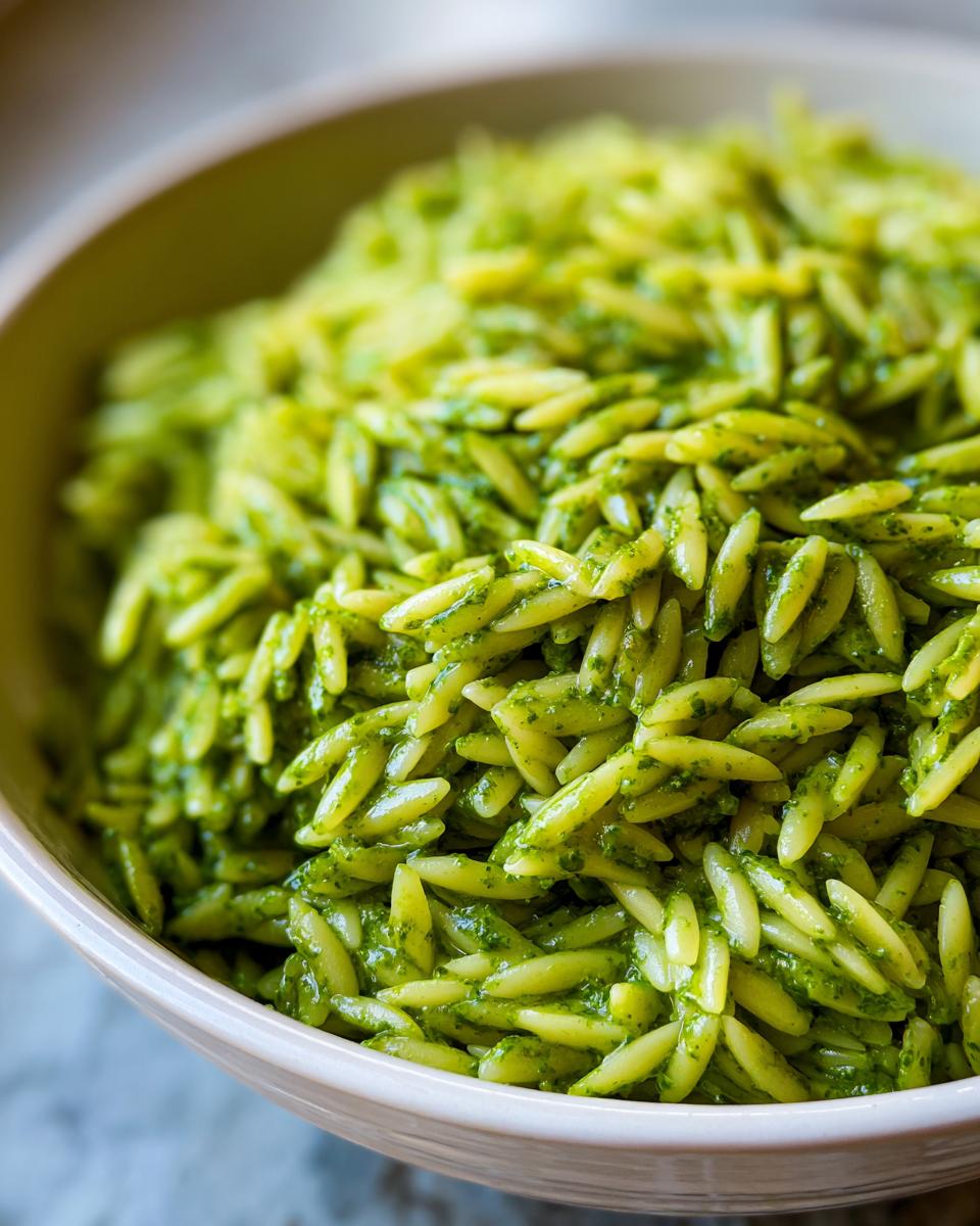 Close-up of bright green pesto orzo pasta in a bowl, showcasing the vibrant color and texture.