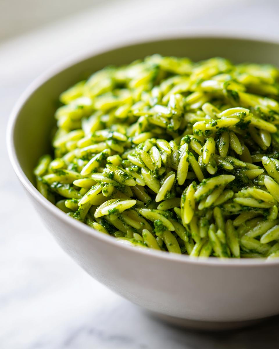 A close-up of a bowl filled with vibrant green pesto orzo pasta.