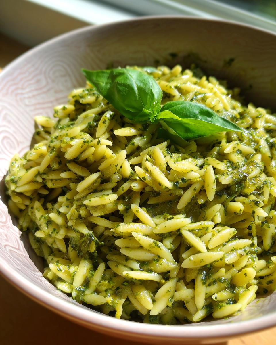 Close-up of a bowl of bright green pesto orzo pasta, garnished with fresh basil leaves.