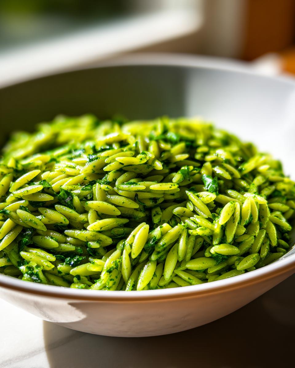 A close-up shot of a bowl filled with vibrant green pesto orzo pasta.