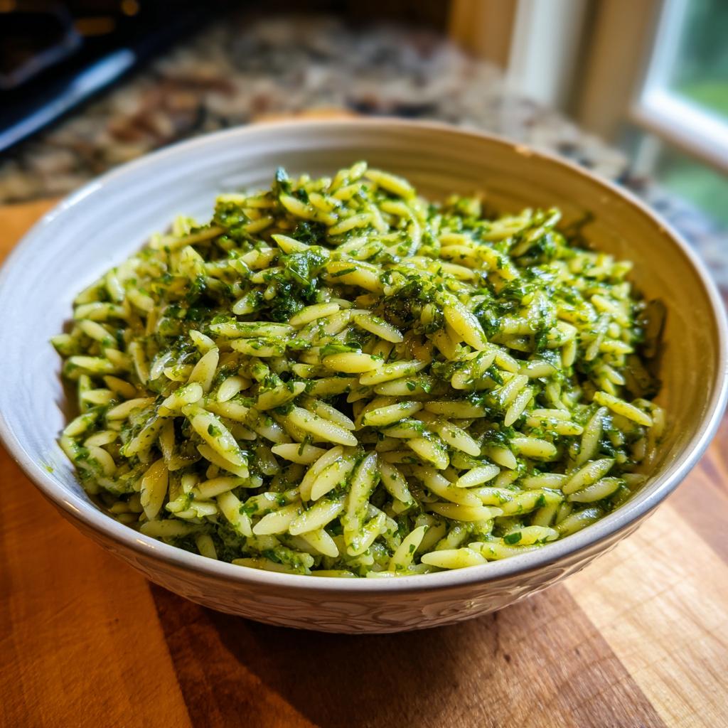 A bowl of vibrant green pesto orzo pasta, showcasing the bright flavors of the pasta recipe.