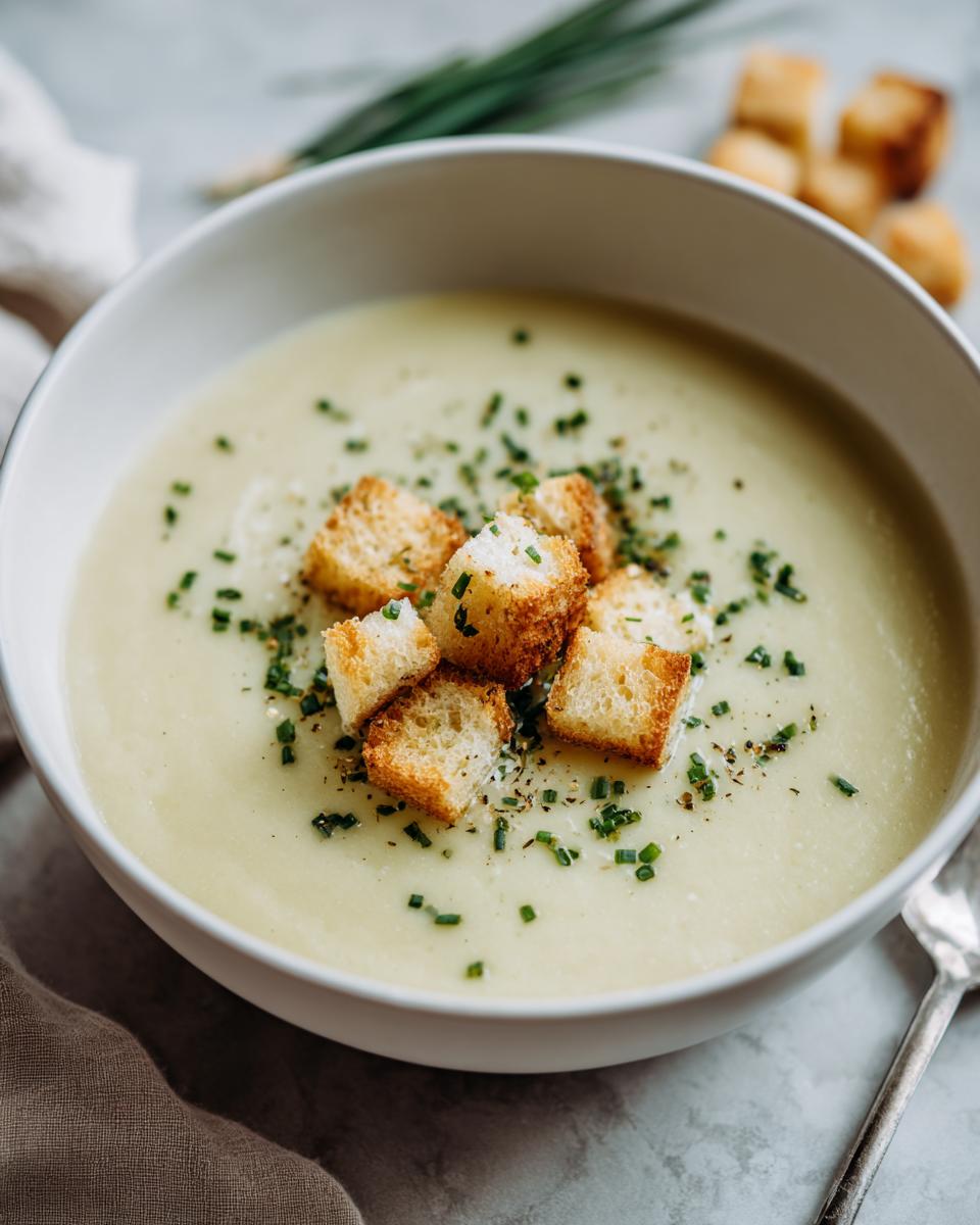 A bowl of creamy Potato Leek Soup topped with golden croutons and fresh chives.