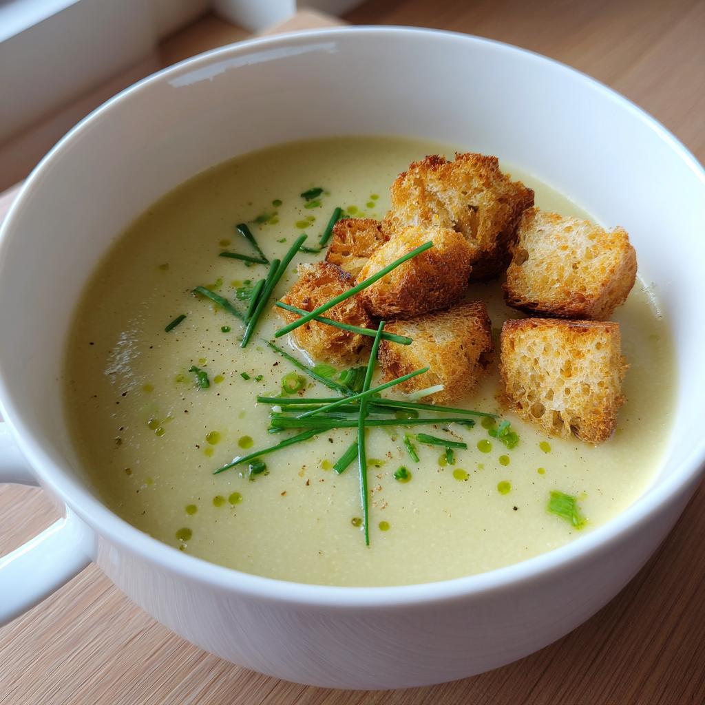 A bowl of rich and silky potato leek soup topped with golden croutons and fresh chives.