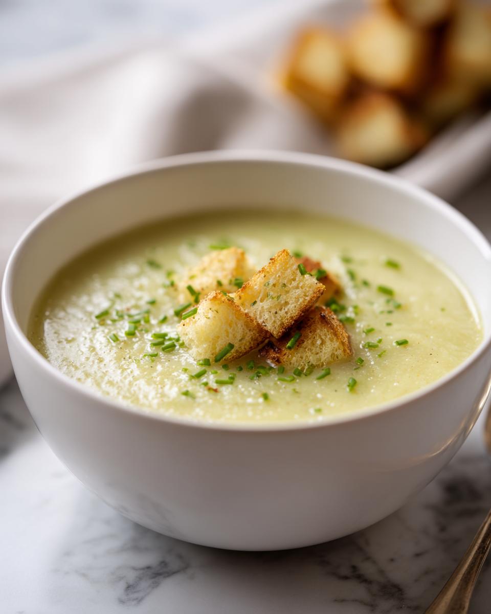 A bowl of rich and silky potato leek soup topped with croutons and chives.