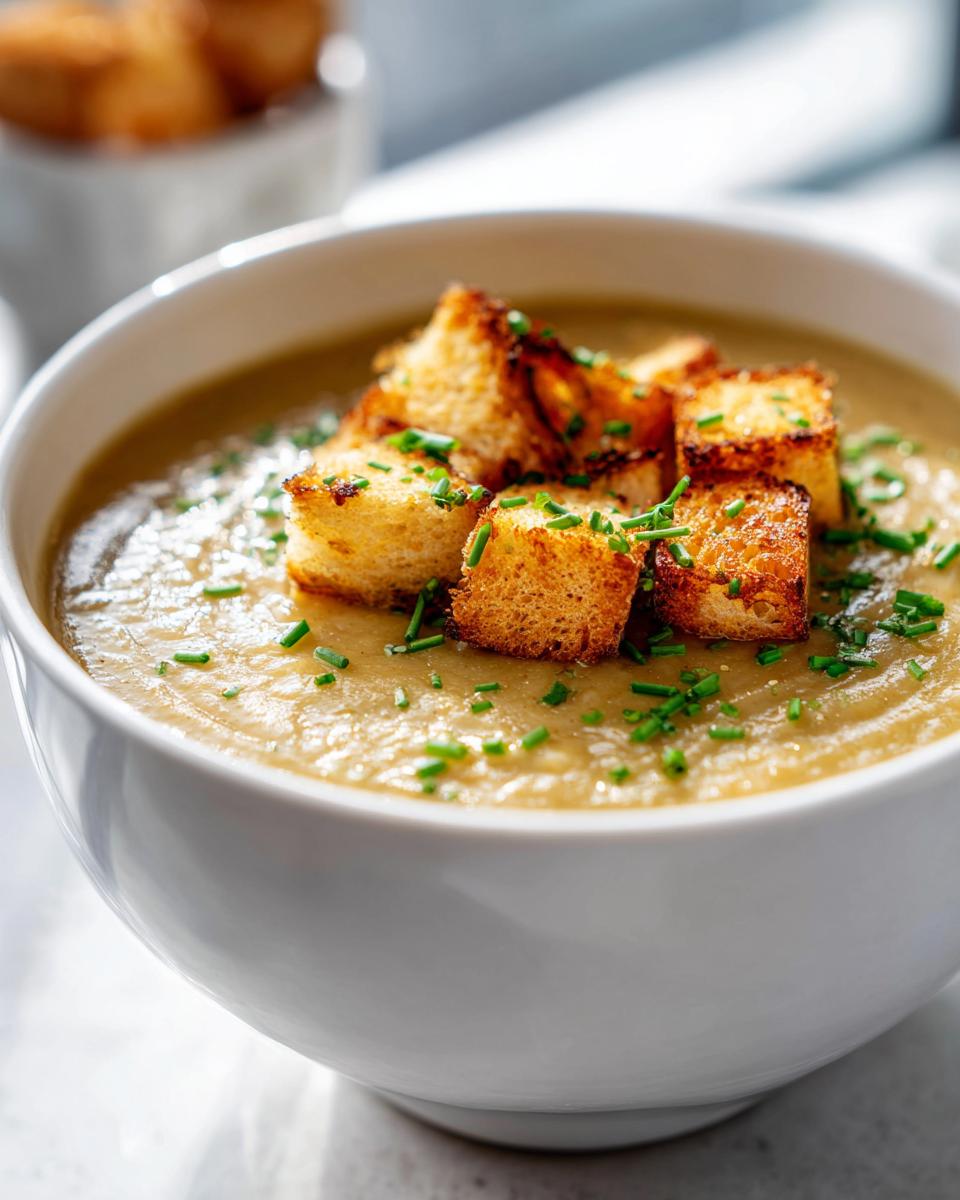 A bowl of rich and silky potato leek soup topped with golden croutons and fresh chives.
