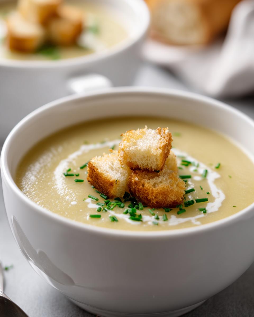 A close-up of a bowl of rich and silky potato leek soup, topped with croutons and chives.