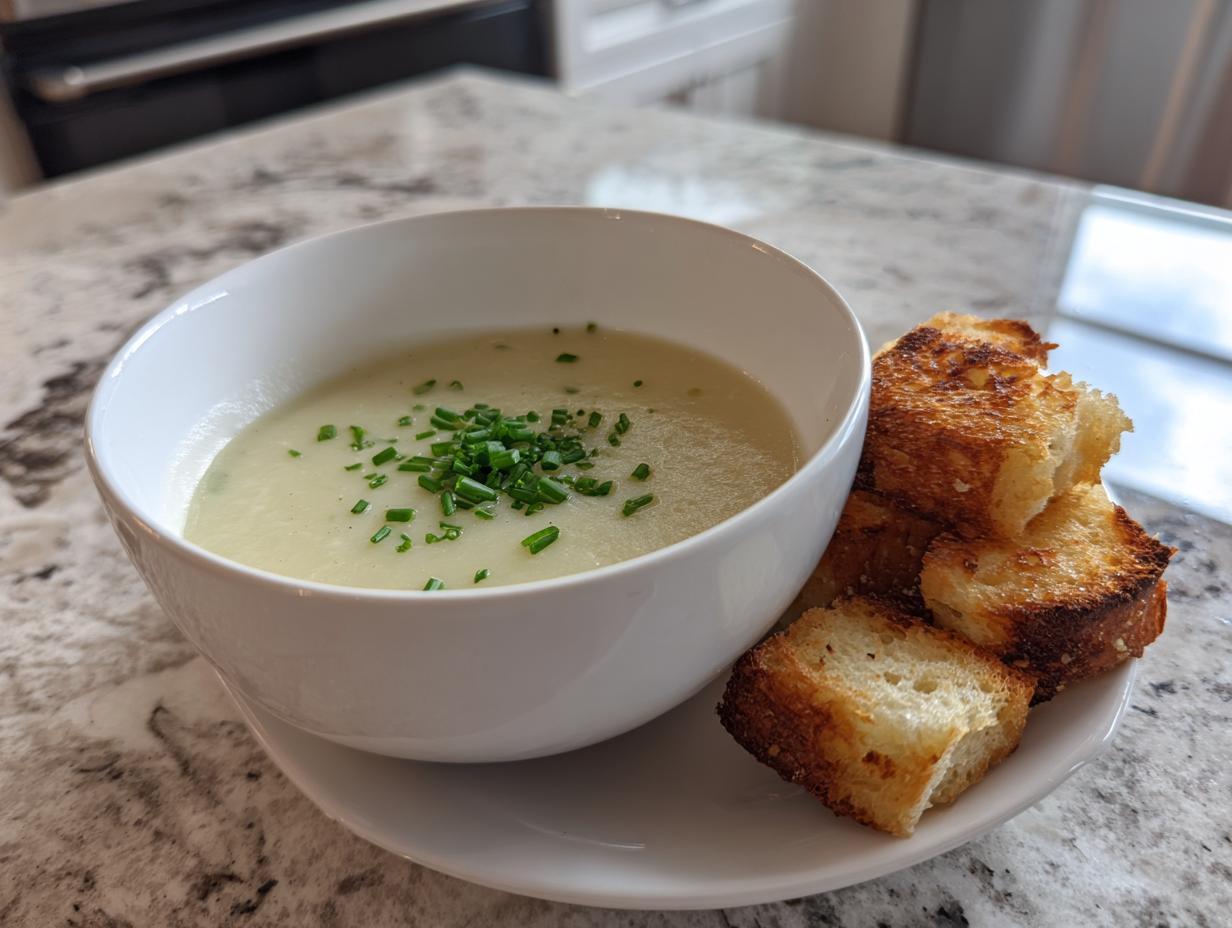 A bowl of creamy potato leek soup topped with chives, served with golden-brown croutons.
