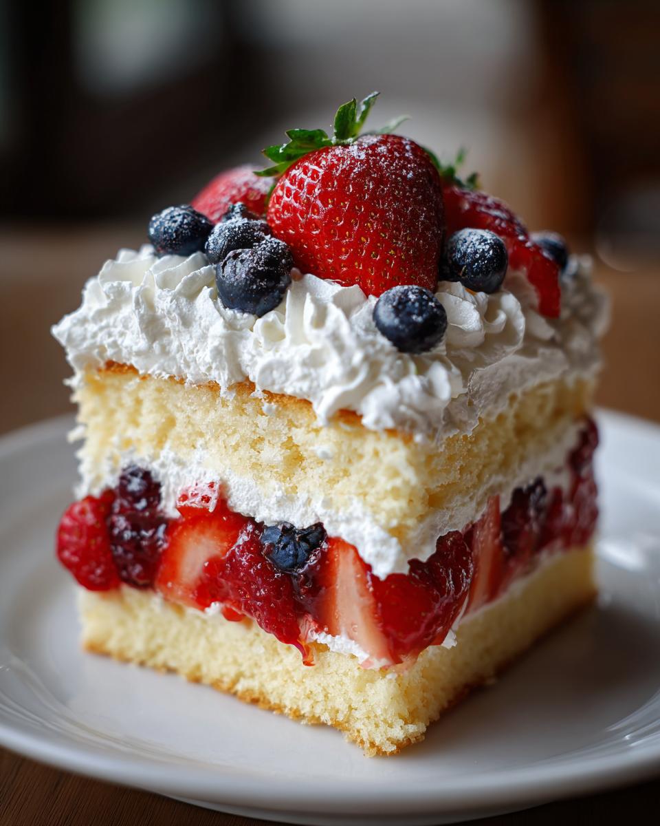 A slice of pound cake berry shortcake, layered with whipped cream and fresh strawberries and blueberries, perfect for Fourth of July desserts.