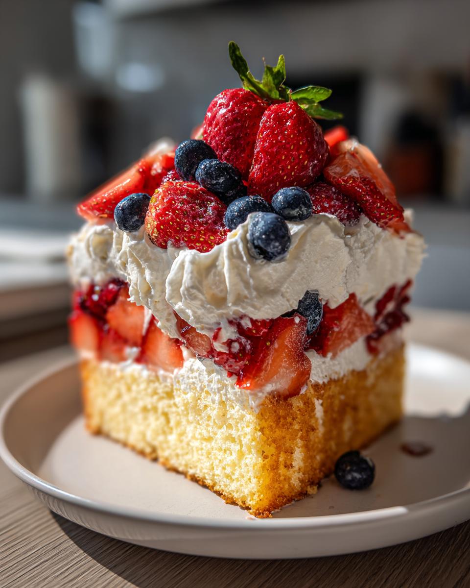 A slice of pound cake berry shortcake topped with whipped cream, strawberries, and blueberries, perfect for Fourth of July desserts.