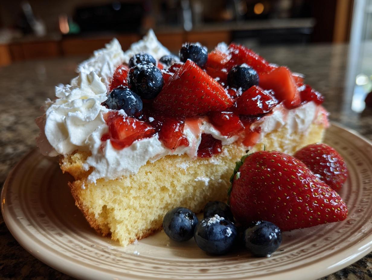 A slice of pound cake berry shortcake topped with whipped cream, strawberries, and blueberries, perfect for Fourth of July desserts.
