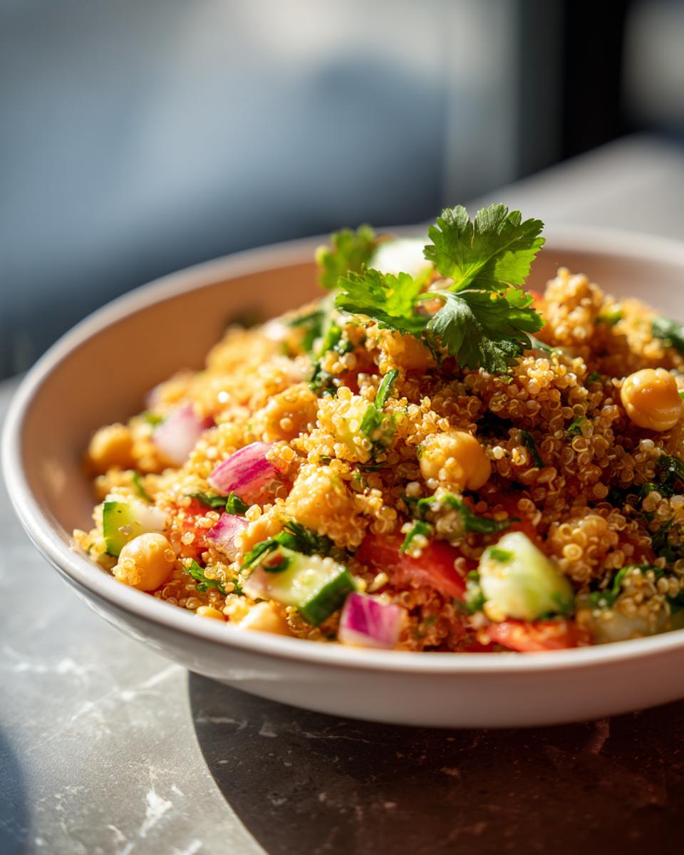 A close-up of a vibrant Quinoa Chickpea Salad, featuring quinoa, chickpeas, cucumber, tomato, and red onion, garnished with cilantro.