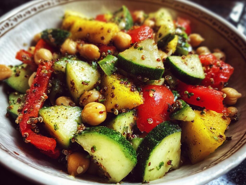 A vibrant bowl of Quinoa Chickpea Salad with chopped cucumber, tomatoes, bell peppers, and chickpeas.