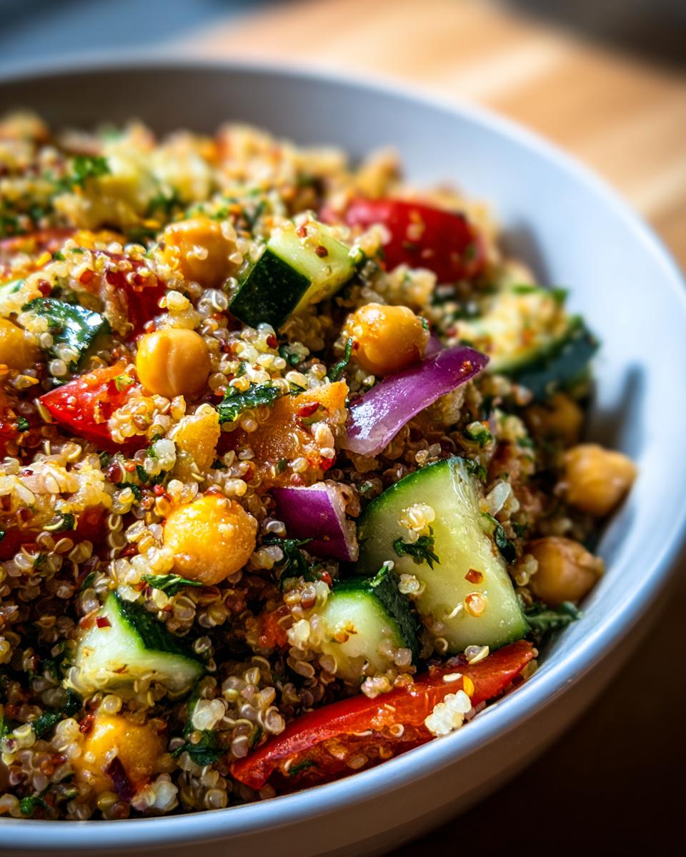 A vibrant bowl of Quinoa Chickpea Salad with cucumber, red onion, tomatoes, and fresh herbs, perfect for healthy lunch ideas.