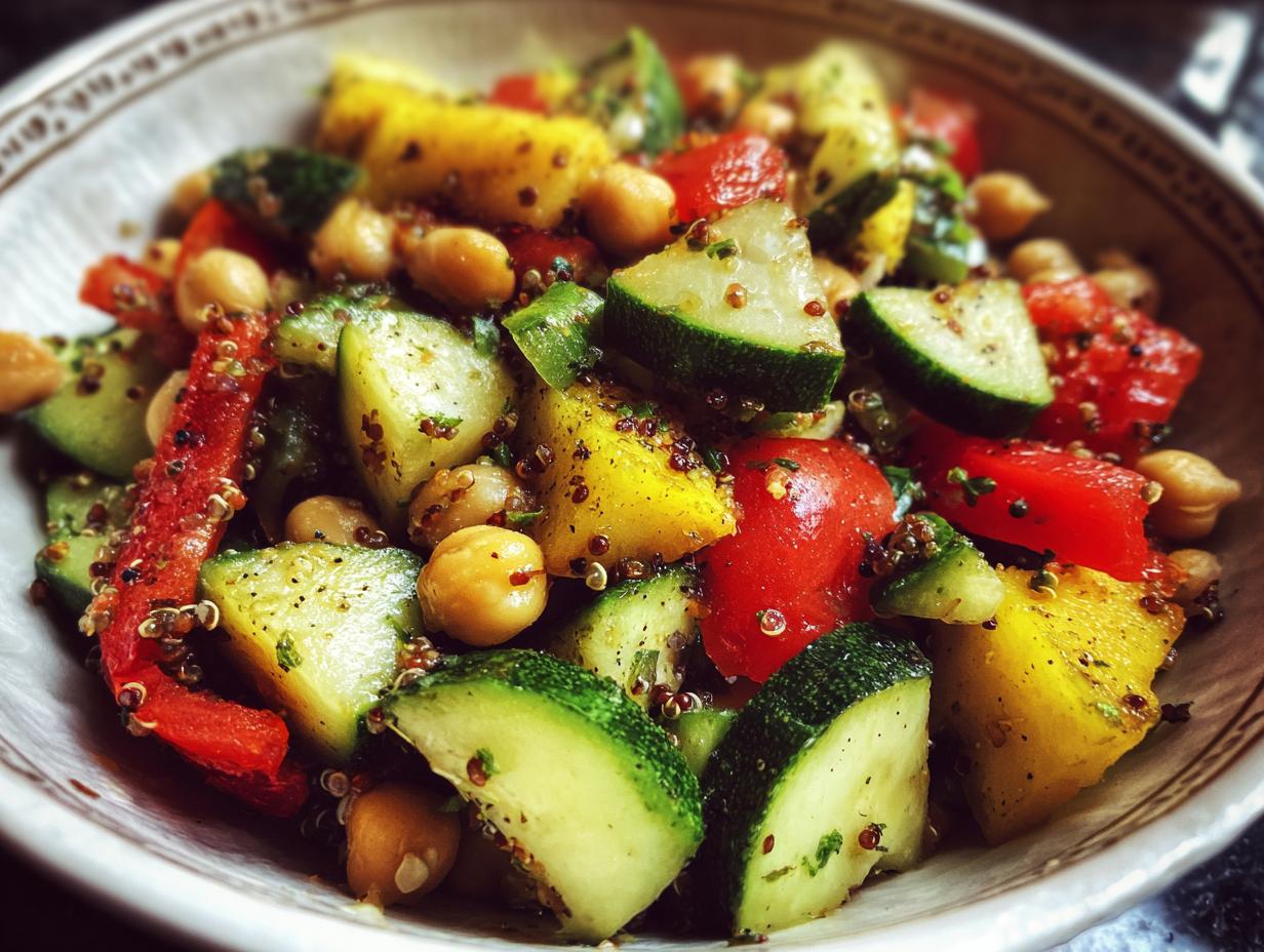 A vibrant bowl of Quinoa Chickpea Salad with chopped cucumber, tomatoes, bell peppers, and chickpeas.