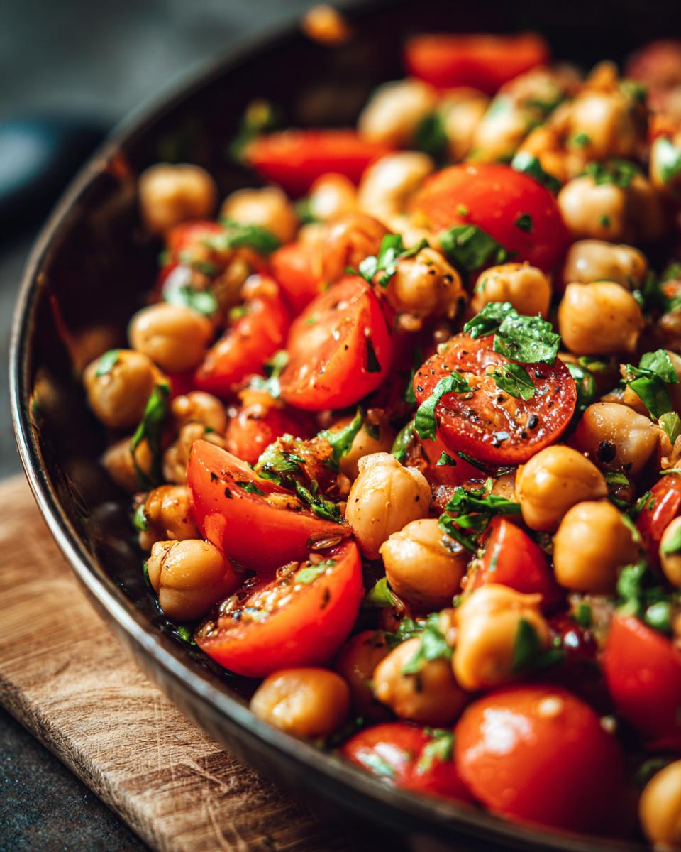 Close-up of a vibrant Quinoa Chickpea Salad with cherry tomatoes and fresh herbs, perfect for healthy lunch ideas.