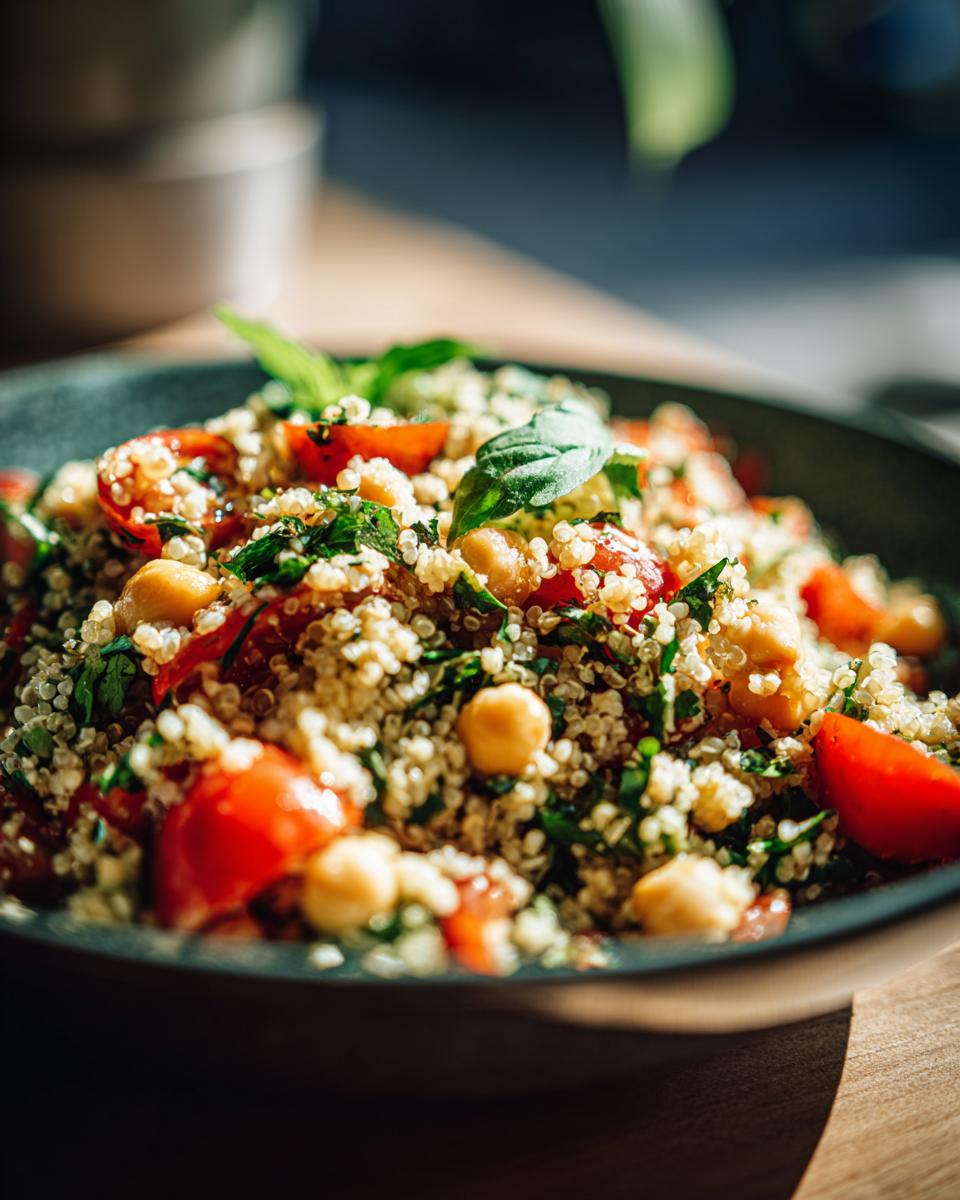 Close-up of a vibrant Quinoa Chickpea Salad, featuring quinoa, chickpeas, cherry tomatoes, and fresh herbs, perfect for healthy lunch ideas for workdays.