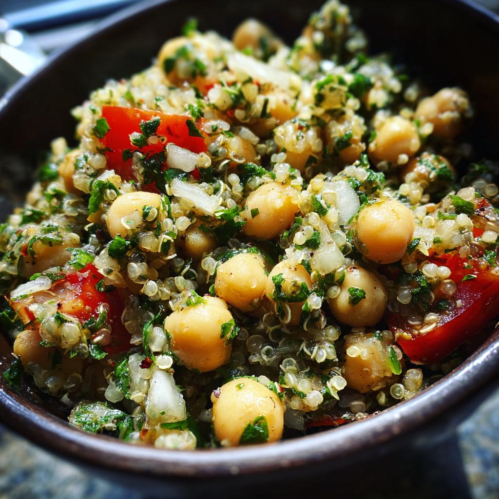 A close-up of a bowl filled with Quinoa Chickpea Salad for Workdays, featuring chickpeas, quinoa, tomatoes, and herbs.