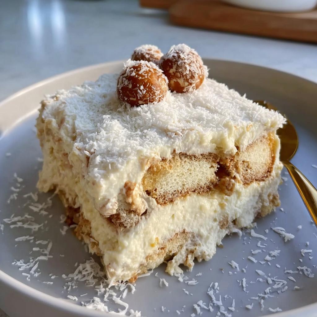 A slice of no-bake Raffaello Tiramisu schnell ohne Backen, layered with ladyfingers and cream, topped with coconut and Raffaello balls.