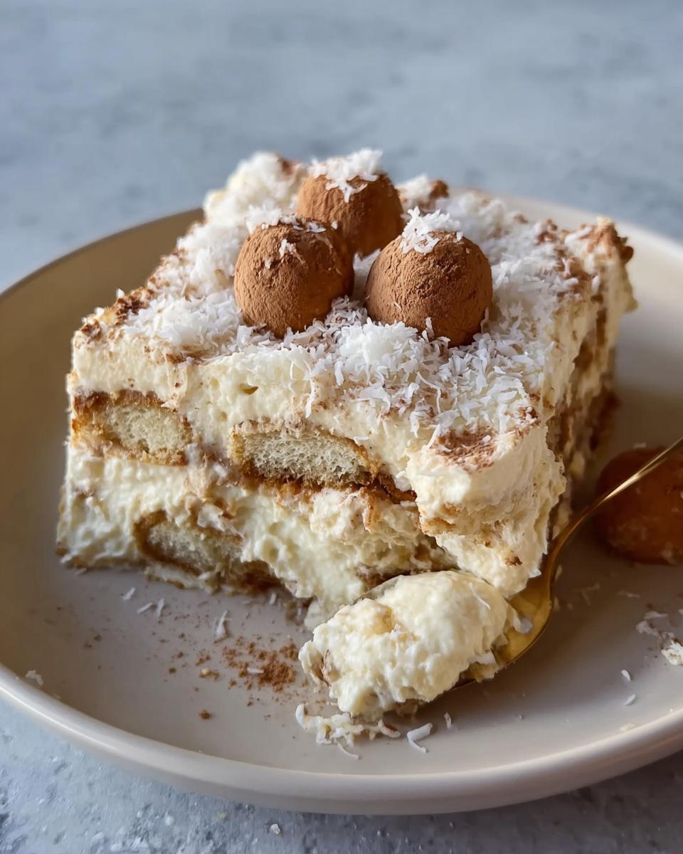 A slice of no-bake Raffaello Tiramisu schnell ohne Backen, topped with coconut and cocoa powder dusted truffles.