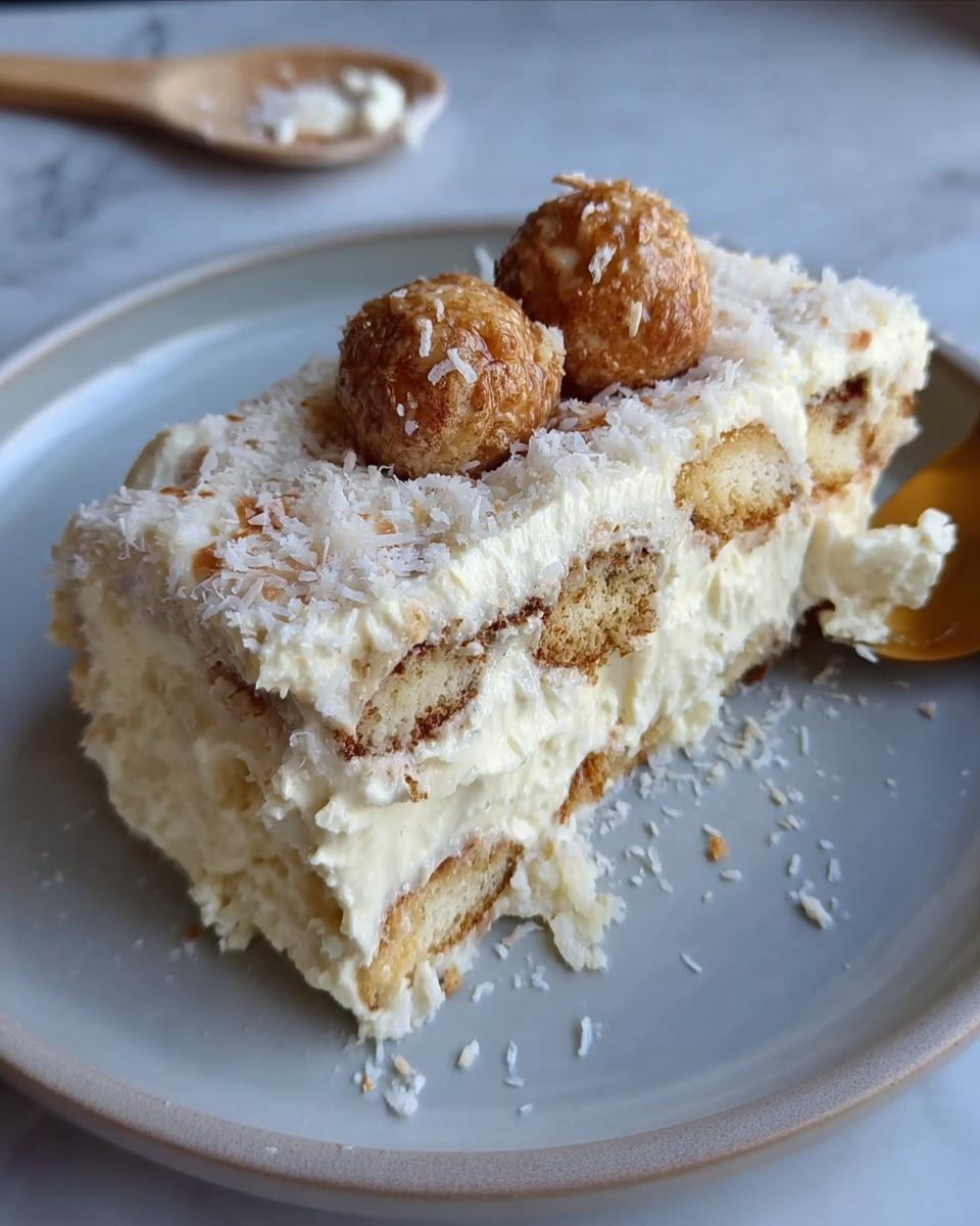 A slice of Raffaello Tiramisu schnell ohne Backen, layered with cream, ladyfingers, and topped with coconut flakes and Raffaello candies.