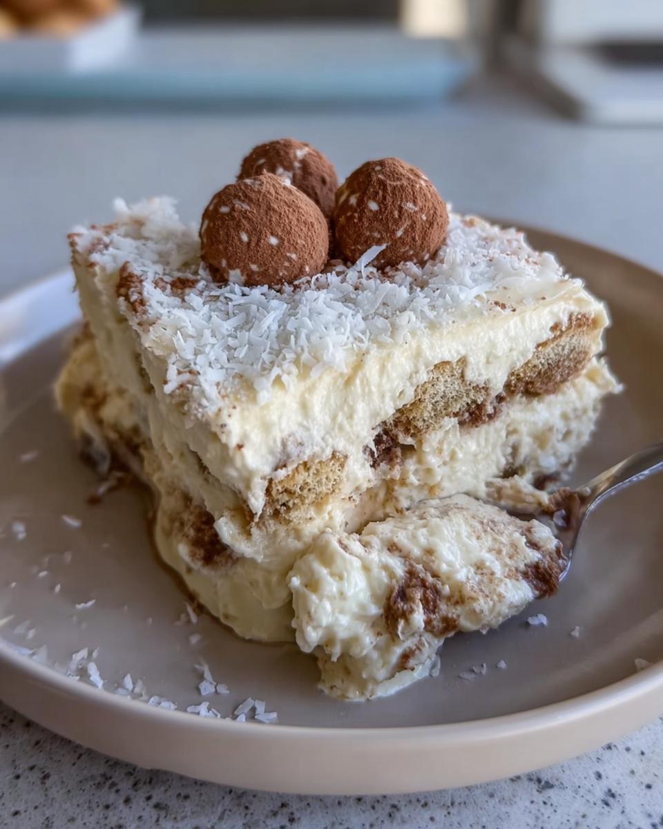 A slice of Raffaello Tiramisu schnell ohne Backen, topped with cocoa-dusted truffles and shredded coconut.