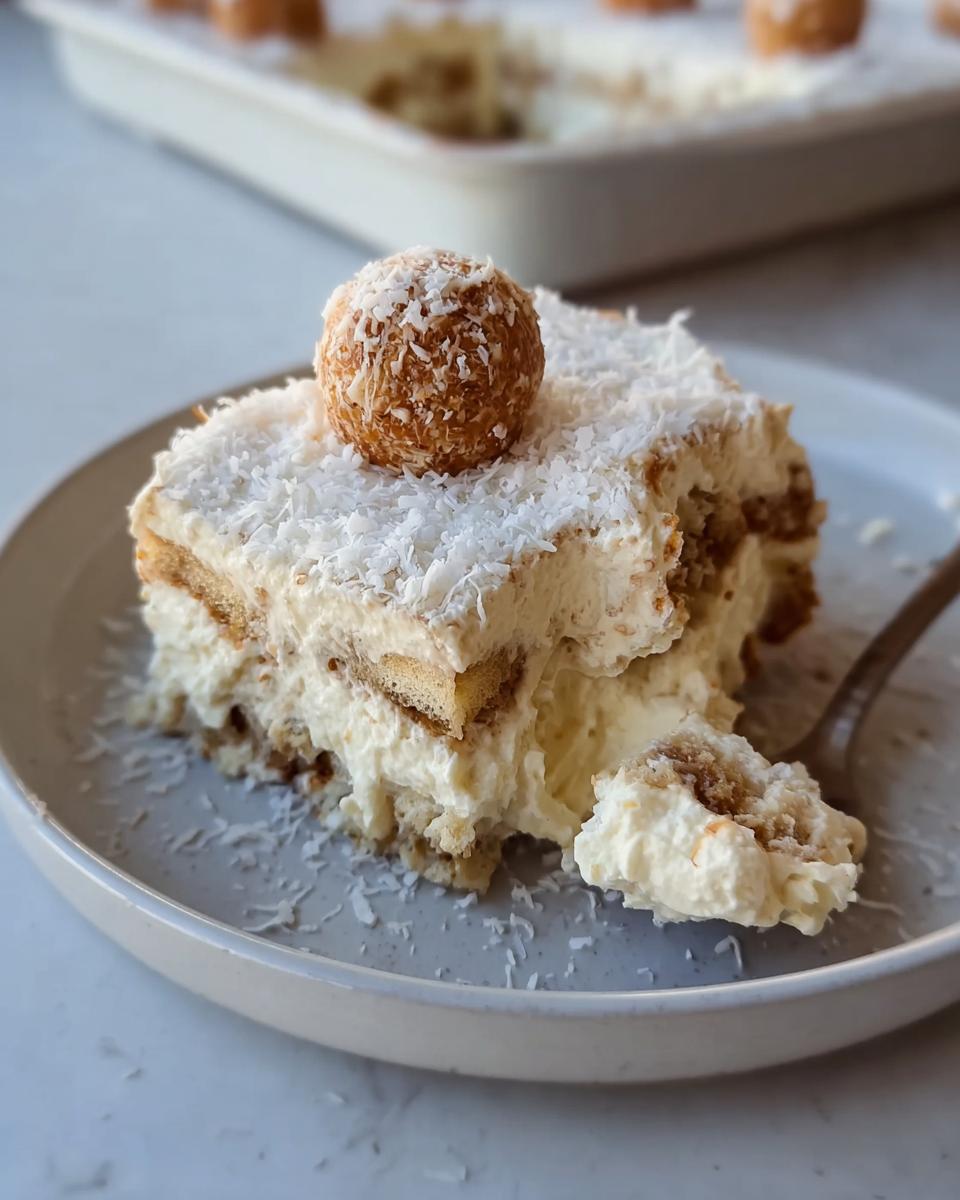 A slice of Raffaello Tiramisu schnell ohne Backen topped with a coconut ball and shredded coconut.
