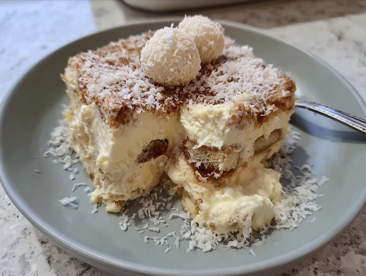 A slice of Raffaello Tiramisu schnell ohne Backen dessert on a plate, topped with coconut flakes and Raffaello candies.