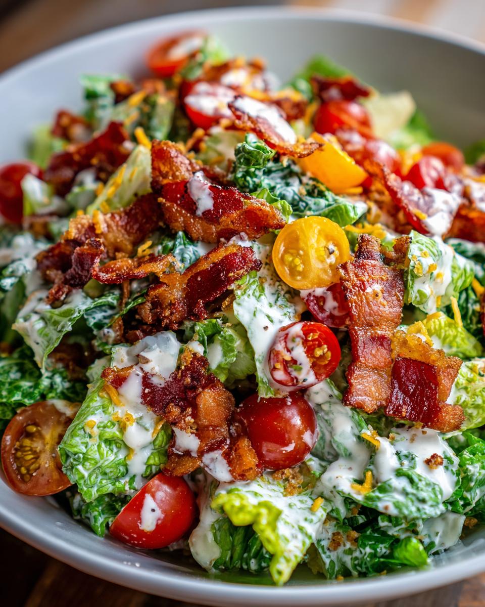 A close-up of a fresh Ranch BLT Salad with crisp lettuce, cherry tomatoes, crumbled bacon, and creamy ranch dressing.