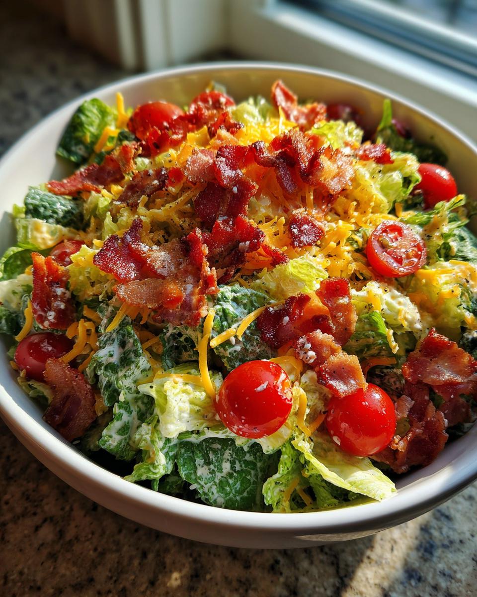 A refreshing Ranch BLT Salad topped with crispy bacon, cherry tomatoes, and shredded cheddar cheese.