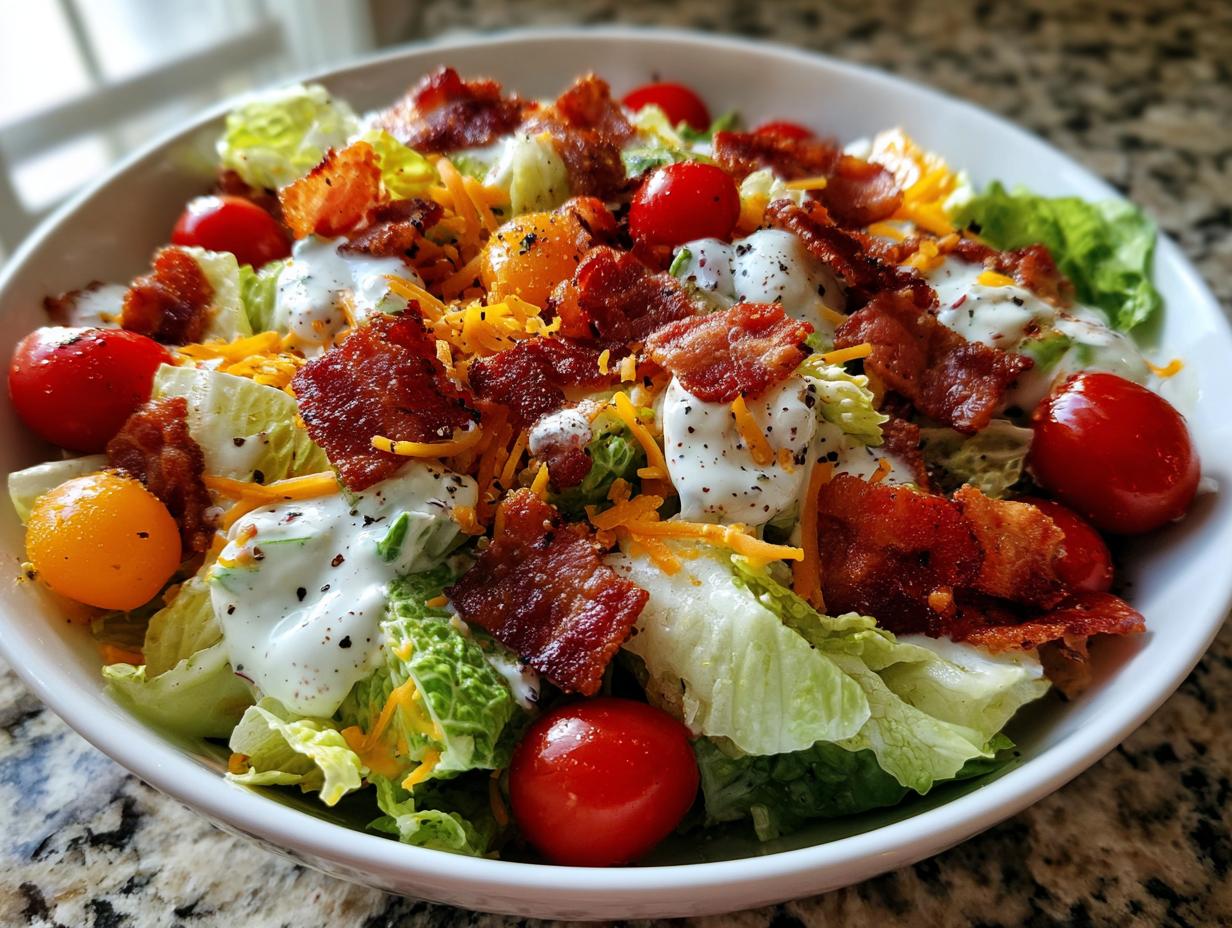 A close-up of a refreshing Ranch BLT Salad with crisp lettuce, cherry tomatoes, crumbled bacon, shredded cheese, and creamy ranch dressing.