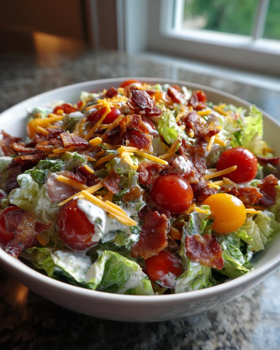 A close-up of a refreshing Ranch BLT Salad, featuring crisp lettuce, cherry tomatoes, shredded cheese, and crispy bacon, all tossed in creamy ranch dressing.