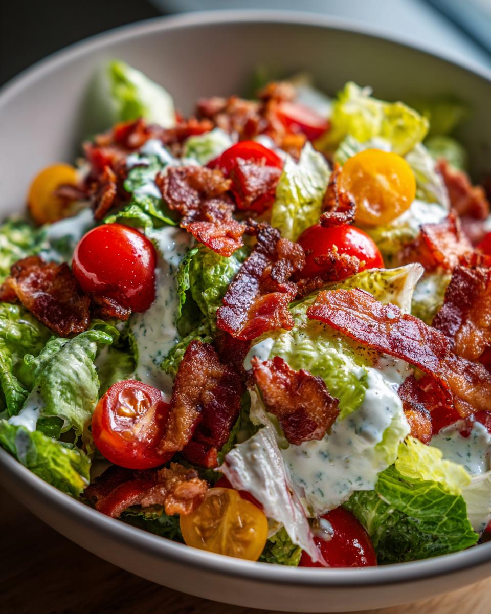 A close-up of a refreshing Ranch BLT Salad featuring crisp lettuce, cherry tomatoes, and crispy bacon bits, drizzled with creamy ranch dressing.