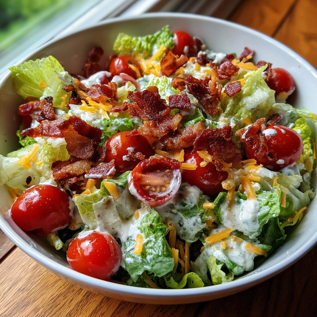A close-up of a bowl filled with crisp Ranch BLT Salad, featuring fresh lettuce, cherry tomatoes, crumbled bacon, and shredded cheese, all tossed in ranch dressing.