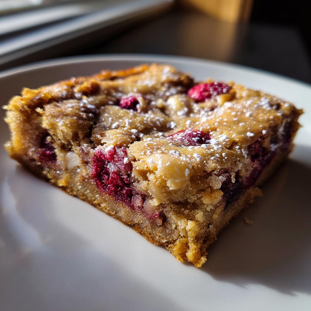 A close-up of a delicious slice of Raspberry White Chocolate Blondies, dusted with powdered sugar.