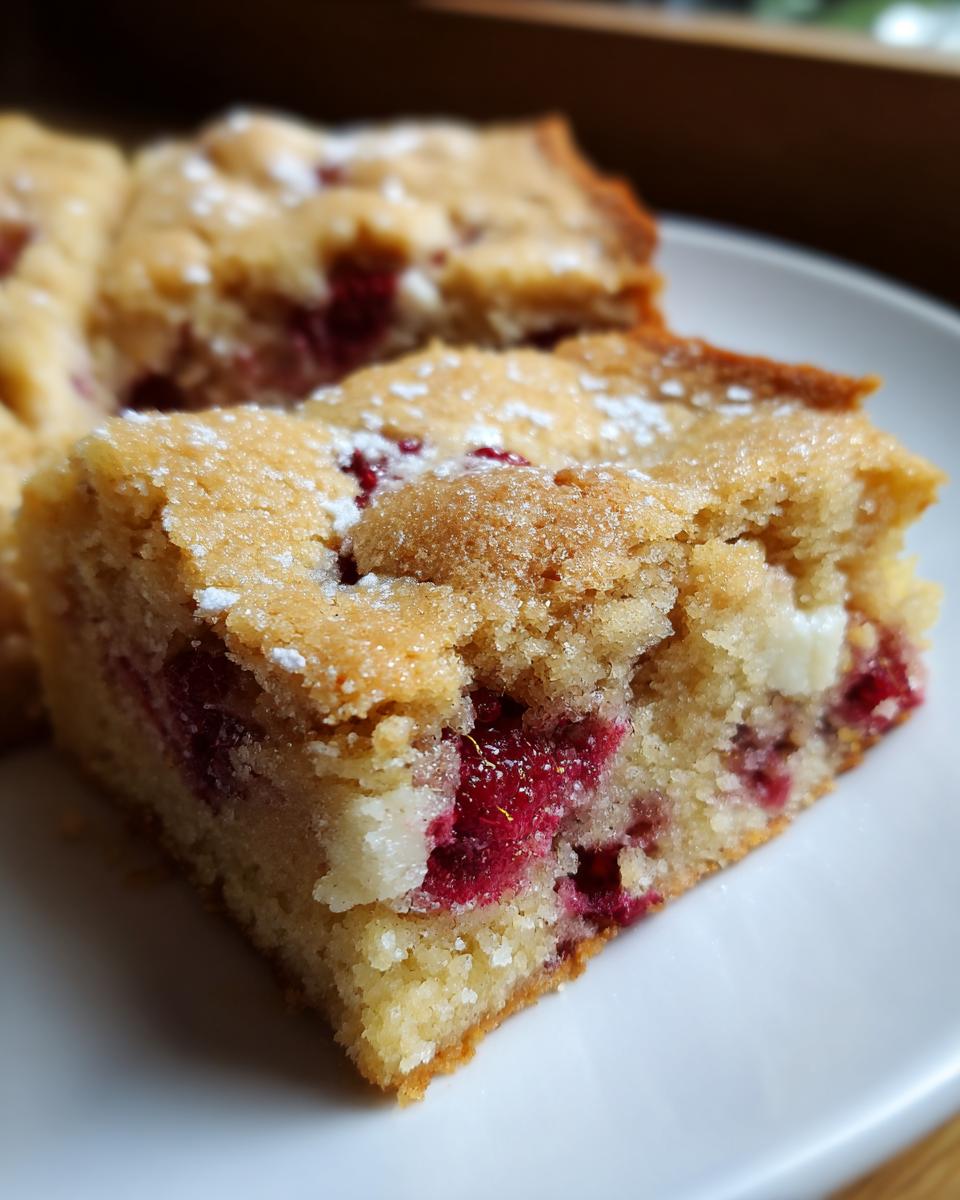 Close-up of a slice of homemade Raspberry White Chocolate Blondies, dusted with powdered sugar.