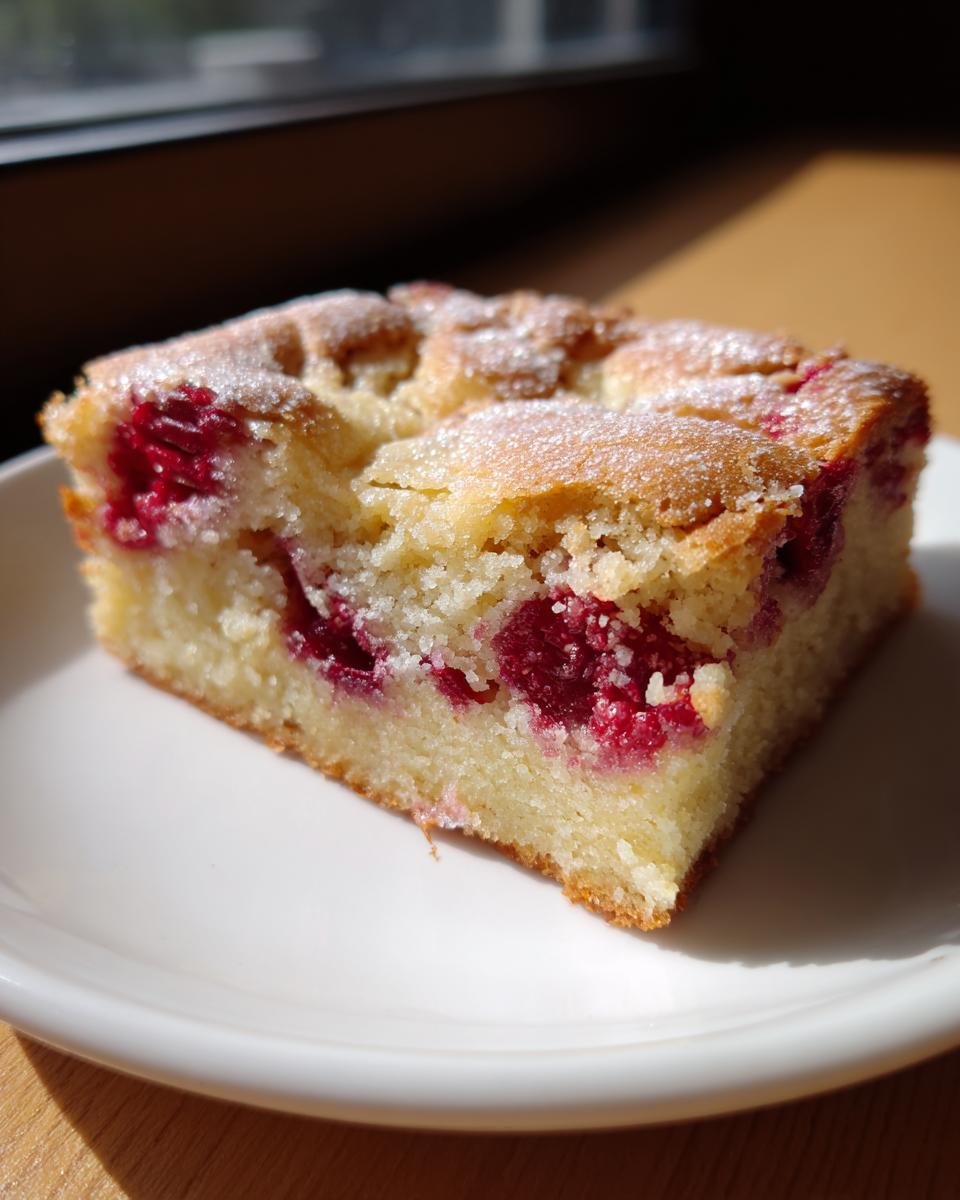 A slice of Raspberry White Chocolate Blondies on a white plate, dusted with powdered sugar.