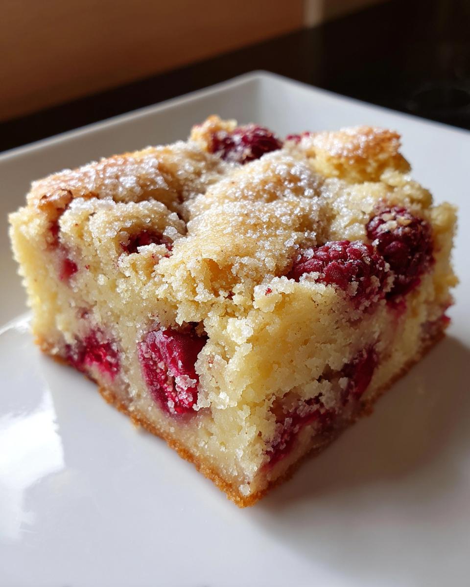 A delicious slice of Raspberry White Chocolate Blondies, dusted with powdered sugar.
