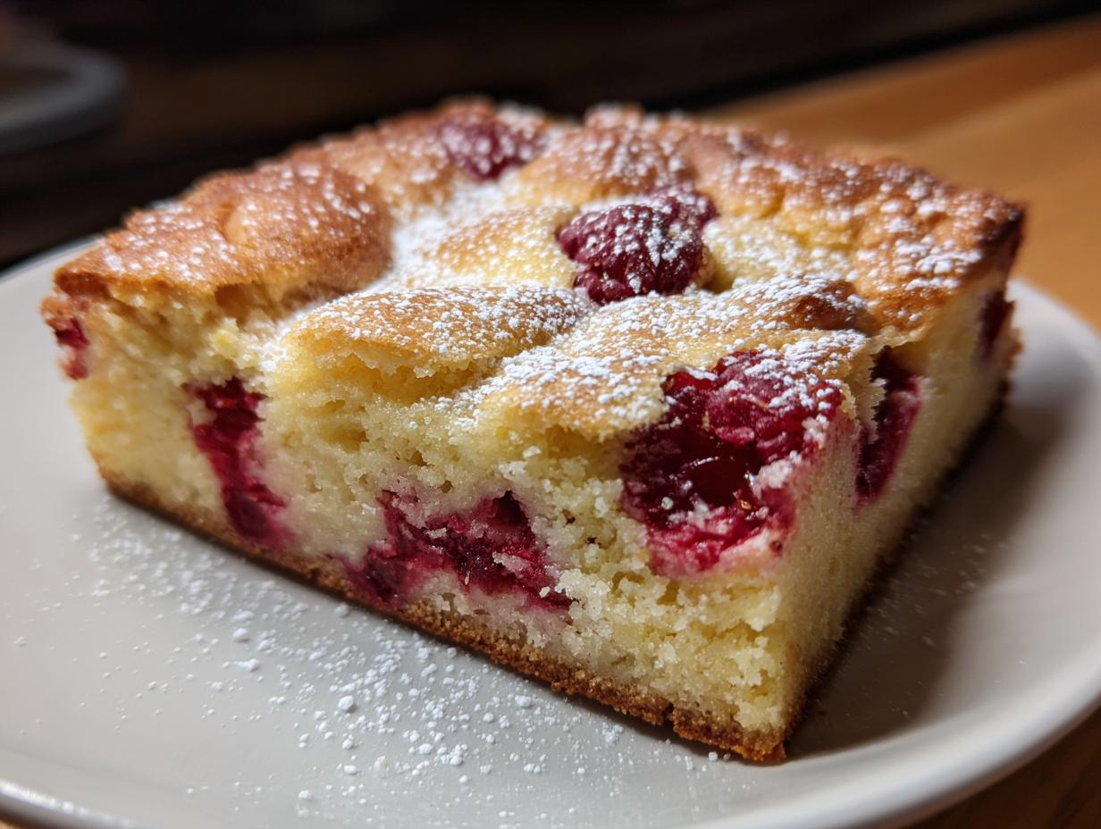 A slice of raspberry white chocolate blondies, dusted with powdered sugar, on a white plate.