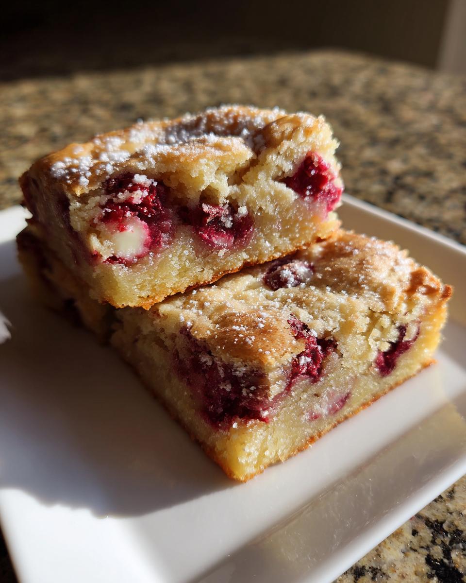 Close-up of two Raspberry White Chocolate Blondies stacked on a white plate, dusted with powdered sugar.