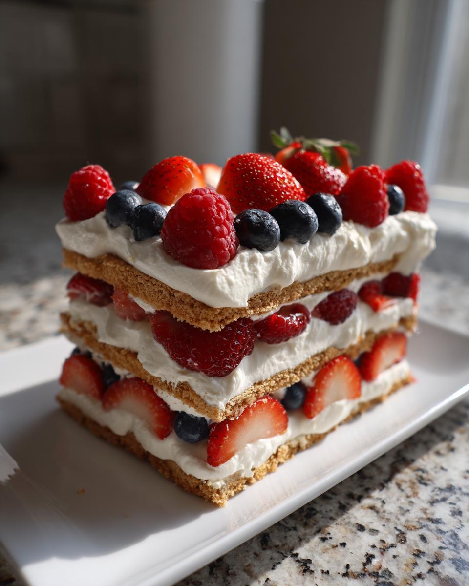 A beautiful layered icebox cake with red strawberries, blueberries, and raspberries, perfect for Fourth of July desserts.