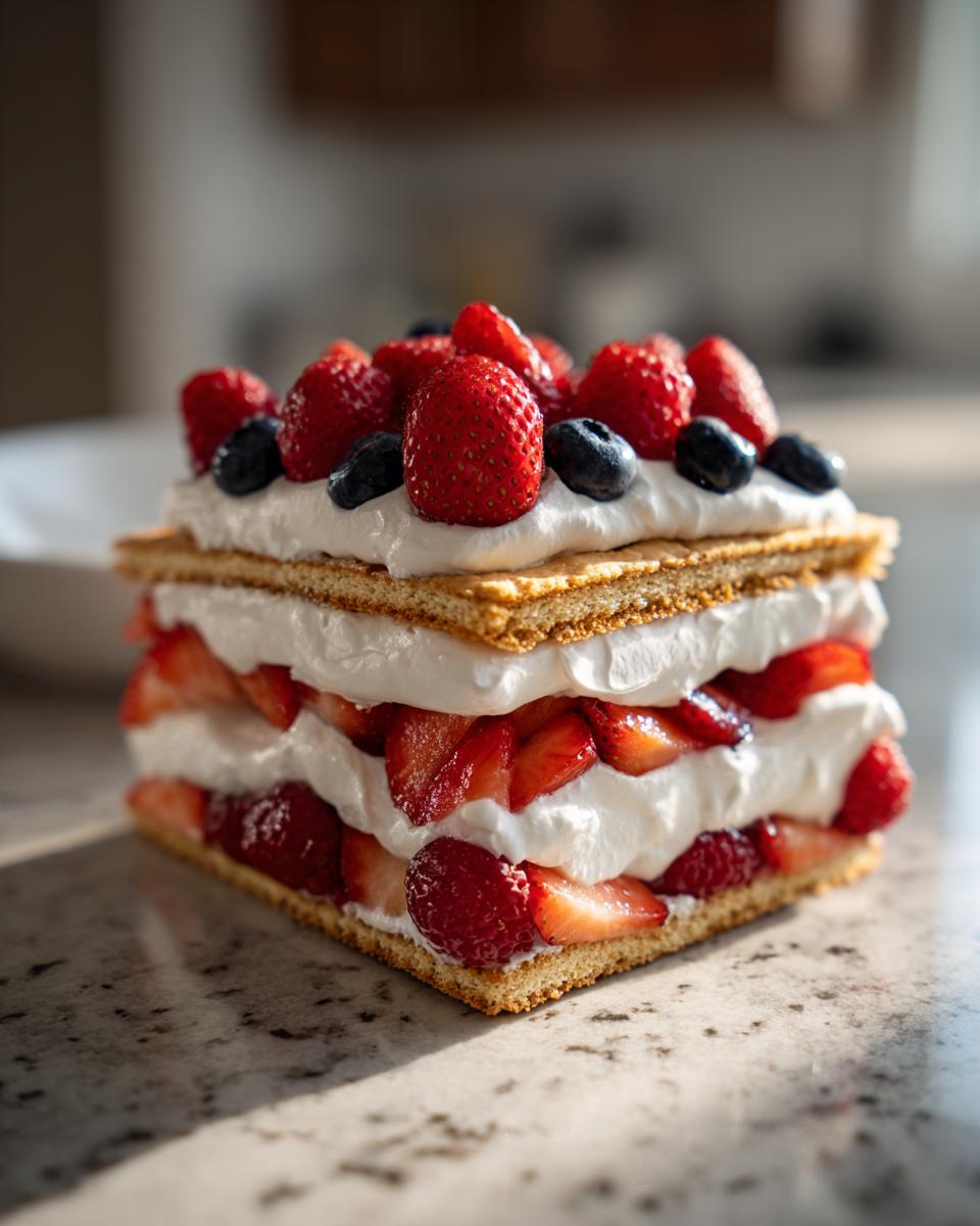 A layered red white and blue icebox cake with strawberries and blueberries, perfect for Fourth of July desserts.